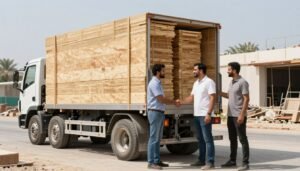 شاحنة محملة بالخشب المستعمل تغادر موقع البناء بعد إتمام عملية الشراء