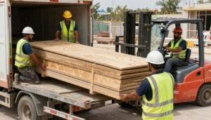 عملية تحميل الخشب المستعمل على شاحنة النقل في موقع البناء