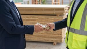 عملية دفع نقدي فوري لبائع الخشب المستعمل في موقع البناء