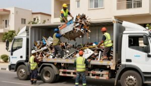 فريق عمل محترف يقوم بتحميل السكراب في شاحنة