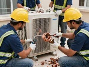 فريق متخصص في شراء سكراب مكيفات الكويت يقوم بفك وحدة تكييف