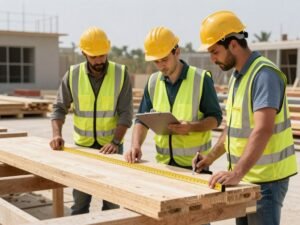 فريق محترف لشراء الخشب المستعمل يقوم بتقييم المواد في موقع البناء