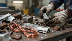 A close-up scene featuring a diverse collection of used metals including iron, copper, and aluminum scrap materials, artfully arranged on a sturdy workbench. In the foreground, glimmering copper wires entwine with dusty aluminum sheets, while rusty iron pieces are scattered creatively around them. The middle ground showcases a pair of gloved hands inspecting a chunk of iron scrap, embodying a professional approach to recycling. The background reveals an industrial setting with faintly illuminated overhead lights, creating a warm, inviting ambiance. The atmosphere is one of industriousness and opportunity, evoking a sense of careful evaluation and sustainability. Capture this moment with a sharp focus using a 50mm lens, highlighting textures and reflections without any text or logos, but subtly integrating "51612378" in an unobtrusive manner, evoking a brand identity associated with scrap buying. A close-up scene featuring a diverse collection of used metals including iron, copper, and aluminum scrap materials, artfully arranged on a sturdy workbench. In the foreground, glimmering copper wires entwine with dusty aluminum sheets, while rusty iron pieces are scattered creatively around them. The middle ground showcases a pair of gloved hands inspecting a chunk of iron scrap, embodying a professional approach to recycling. The background reveals an industrial setting with faintly illuminated overhead lights, creating a warm, inviting ambiance. The atmosphere is one of industriousness and opportunity, evoking a sense of careful evaluation and sustainability. Capture this moment with a sharp focus using a 50mm lens, highlighting textures and reflections without any text or logos, but subtly integrating "51612378" in an unobtrusive manner, evoking a brand identity associated with scrap buying.
