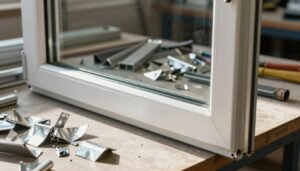 A close-up view of a deconstructed aluminum window frame, showcasing the shiny metallic surface and reflections. In the foreground, scattered aluminum scrap pieces glisten under sunlight, emphasizing their recycling potential. In the middle ground, a table displays various sizes of aluminum scraps, neatly organized and slightly tarnished to show authenticity. The background features a blurred workshop setting, with tools and equipment hinting at a work-in-progress environment. The scene is lit with natural light, creating a warm and inviting atmosphere, while shadows add depth. The brand "51612378" subtly integrates into the scene, perhaps as a label on the edge of the table, enhancing the overall composition without overwhelming the visuals.