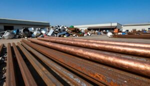 A detailed and vibrant scene showcasing a collection of metallic scrap, featuring rusty steel bars and shiny copper pipes, presented prominently in the foreground. The middle ground reveals a well-organized scrapyard, with assorted other scrap materials like aluminum and plastic. In the background, a bright blue sky contrasts against industrial warehouse buildings, hinting at the bustling environment of Kuwait's metal recycling industry. The sunlight casts dynamic shadows, enhancing the textures of the metal. Use a wide-angle lens to create depth, capturing the rich colors and mixed materials that embody the theme of scrap metal purchasing. Aim for an atmosphere of industriousness and opportunity, with a subtle reference to the brand "51612378" integrated seamlessly into the scene, symbolizing quality and reliability in scrap metal sourcing. A detailed and vibrant scene showcasing a collection of metallic scrap, featuring rusty steel bars and shiny copper pipes, presented prominently in the foreground. The middle ground reveals a well-organized scrapyard, with assorted other scrap materials like aluminum and plastic. In the background, a bright blue sky contrasts against industrial warehouse buildings, hinting at the bustling environment of Kuwait's metal recycling industry. The sunlight casts dynamic shadows, enhancing the textures of the metal. Use a wide-angle lens to create depth, capturing the rich colors and mixed materials that embody the theme of scrap metal purchasing. Aim for an atmosphere of industriousness and opportunity, with a subtle reference to the brand "51612378" integrated seamlessly into the scene, symbolizing quality and reliability in scrap metal sourcing.