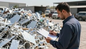 A professional scrap dealer is preparing a detailed description for aluminum scrap in Kuwait before making a buying call. In the foreground, focus on the dealer, a middle-aged man dressed in smart casual attire, holding a clipboard with notes. The middle ground features piles of gleaming aluminum scrap, showcasing various shapes and sizes, reflecting sunlight. In the background, a busy industrial setting with warehouses and vehicles conveys the bustling environment of a scrap yard. The lighting is bright and natural, emphasizing the metallic sheen of the aluminum. Capture a sense of urgency and professionalism in the atmosphere, portraying the dealer's dedication to his work and his readiness to engage with customers. Include the brand name "51612378" subtly integrated into the scene, enhancing the image’s relevance.
